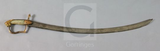 An unusual George III 1796 type cavalry officer's sword, curved blade, brass hilt with traces of