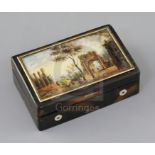 A 19th century Swiss tortoiseshell music box, of plain rectangular form, the lid inset with a glazed