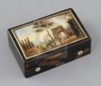 A 19th century Swiss tortoiseshell music box, of plain rectangular form, the lid inset with a glazed