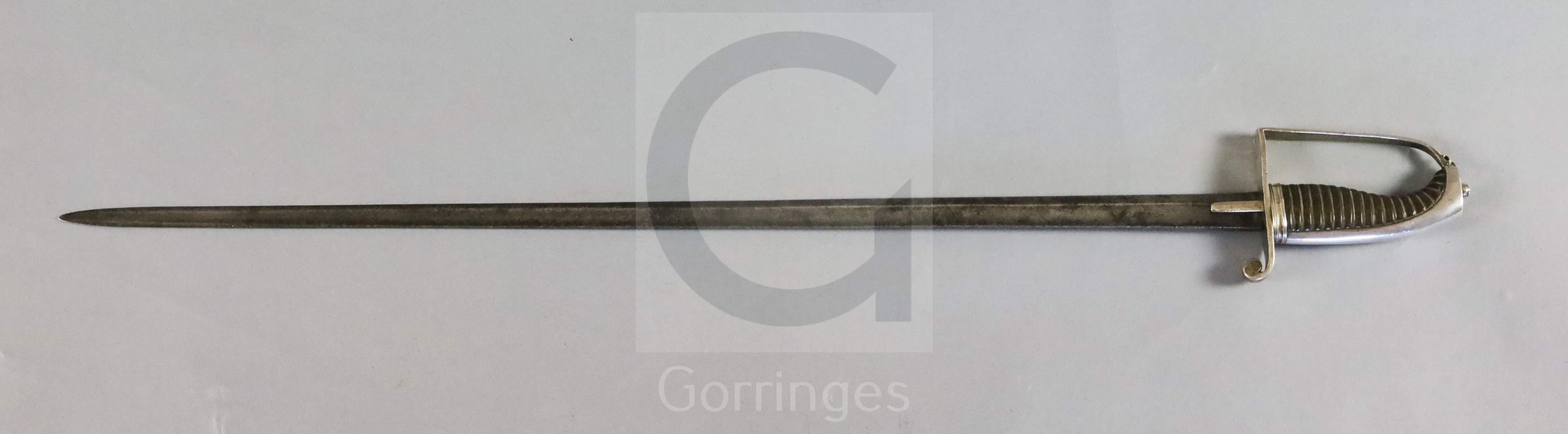 A George III infantry officer's sword spadroon, blade etched with crowned GR and trophies, silver - Image 2 of 2