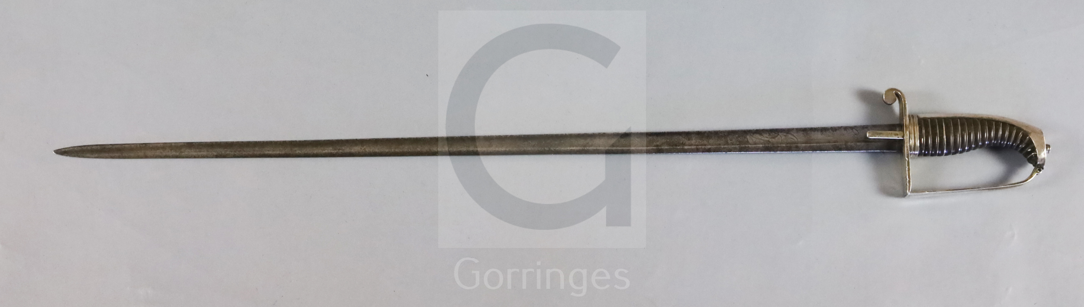 A George III infantry officer's sword spadroon, blade etched with crowned GR and trophies, silver