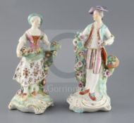 A pair of large Derby figures of flower sellers, c.1760, with flower painting to her skirt and his