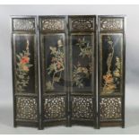 A Chinese hongmu and lacquer panelled four fold screen, 19th century, the front gilt decorated