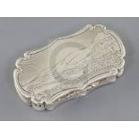 A Victorian silver shaped oval vinaigrette by Nathaniel Mills, the lid engraved with landscape