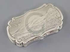 A Victorian silver shaped oval vinaigrette by Nathaniel Mills, the lid engraved with landscape