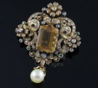 A 19th century gold, citrine, diamond, emerald? and drop pearl set pendant brooch, of quatrefoil