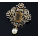 A 19th century gold, citrine, diamond, emerald? and drop pearl set pendant brooch, of quatrefoil