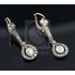 A pair of antique gold and diamond cluster set drop earrings, set with rose and rough cut stones and