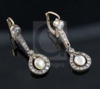 A pair of antique gold and diamond cluster set drop earrings, set with rose and rough cut stones and