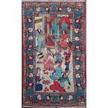 A Kashan pictorial red ground rug, with mask and floral border, signed, 6ft 9in by 4ft 4in.