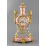 A late 19th century French ormolu mounted Sevres style porcelain mantel clock, with jewelled