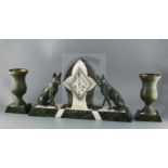 An Art Deco bronze and three colour marble clock garniture, with silvered dial and eight day