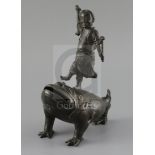 A late Ming bronze joss stick holder of Lui Hai standing on the back of a three legged toad, width
