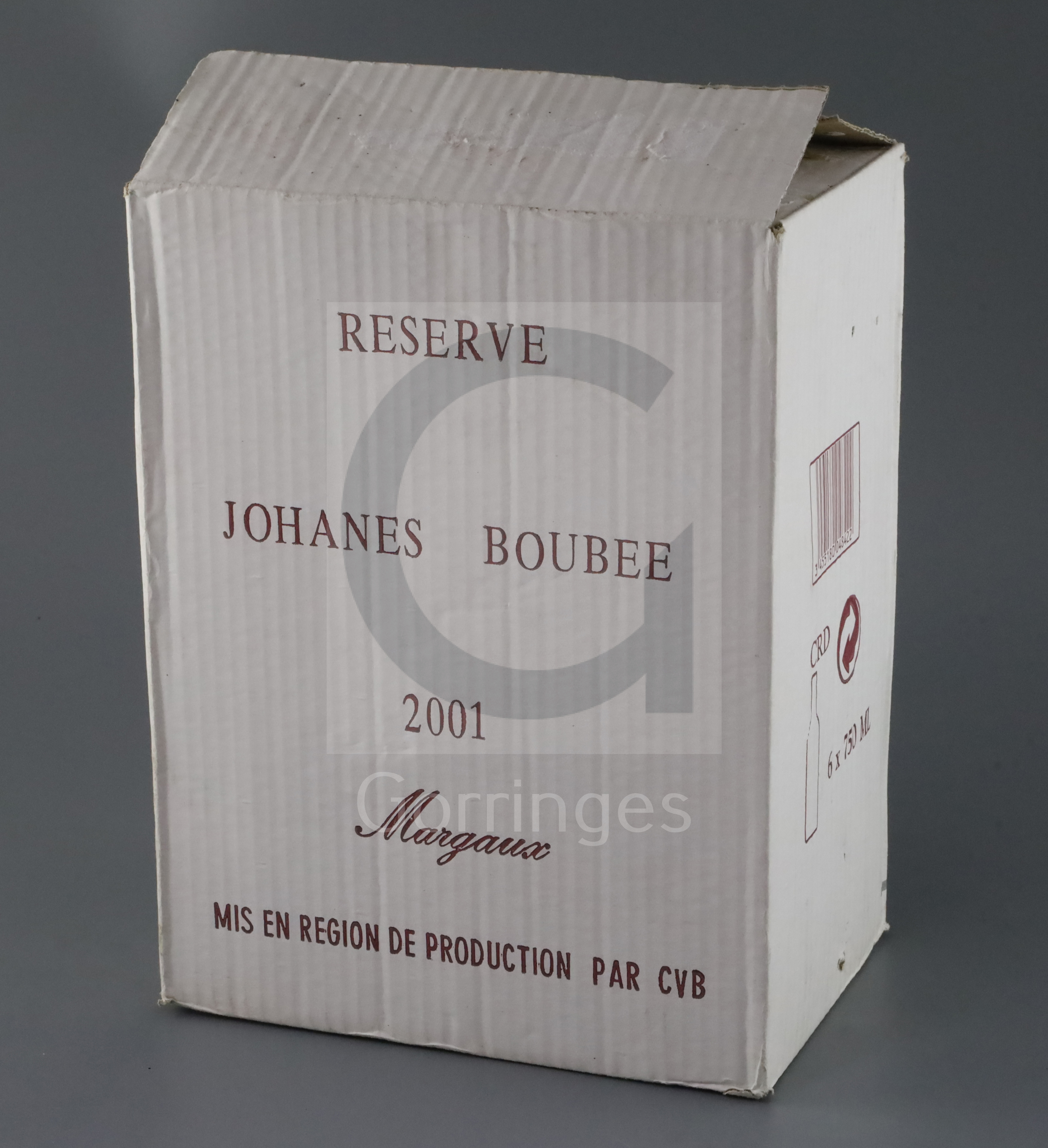 Six bottles of Reserve 2001 Margaux, Maison Johanes BoubeeCONDITION: In original cardboard box,