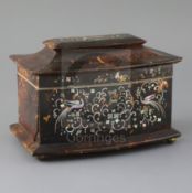 A Regency mother of pearl inlaid tortoiseshell tea caddy, with bowed front and two division