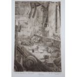 R A Letgas, etching, A carpenter's bench, signed, 53/75, 19 x 12cm, unframed