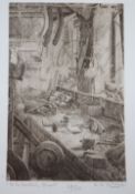 R A Letgas, etching, A carpenter's bench, signed, 53/75, 19 x 12cm, unframed