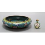 A Chinese cloisonne enamel bowl, diameter 20cm and a scent bottle