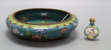 A Chinese cloisonne enamel bowl, diameter 20cm and a scent bottle