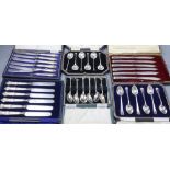 Six assorted cased sets of flatware comprising three sets of tea knives and three sets of teaspoons