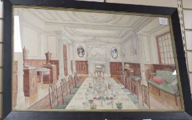 Early 19th century English School, watercolour, Dining room interior, 42 x 71cm