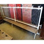 A vintage school cloakroom two sided bench, W.300cm, D.60cm, H.132cm