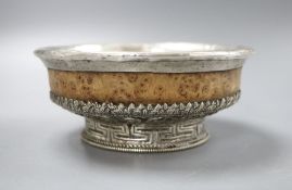 A South American white metal mounted burr wood bowl, diameter 14cm