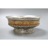 A South American white metal mounted burr wood bowl, diameter 14cm