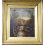 19th century English School, oil on mill board, Figures in a river landscape, 35 x 29cm