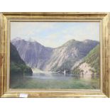 M R, oil on canvas, Swiss lake scene, 45 x 60cm