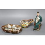 A Chinese yellow ground bowl, a figure, spoon rests etc.