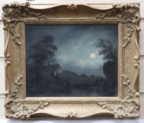 Follower of Sebastian Pether (1790-1844), oil on canvas, Cottage in a moonlit landscape, 19cm x