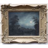 Follower of Sebastian Pether (1790-1844), oil on canvas, Cottage in a moonlit landscape, 19cm x