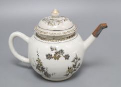 An 18th century Chinese export porcelain teapot, gilt and en grisaille painted with foliage,