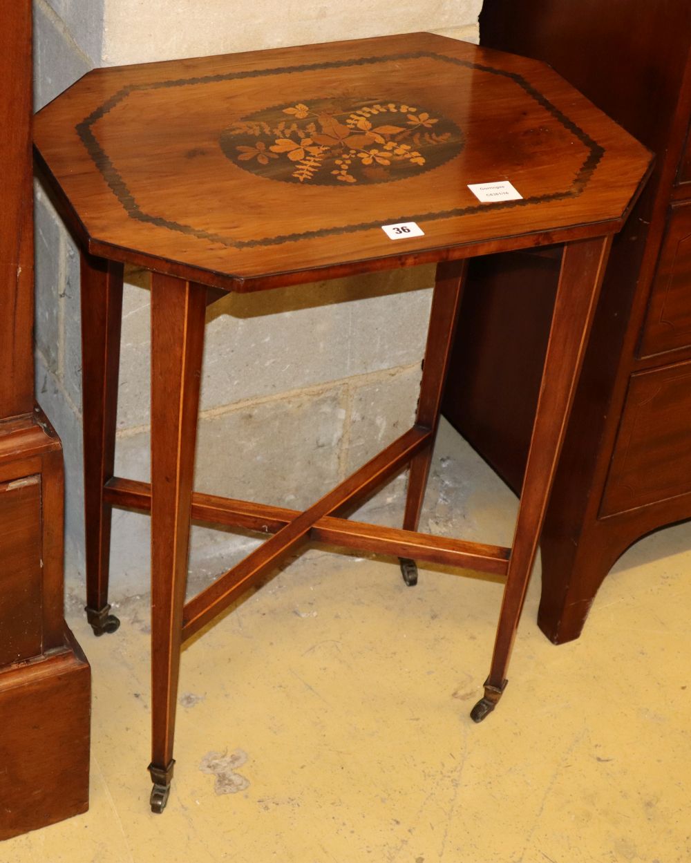 An Edwardian Irish marquetry inlaid yew wood occasional table, W.55cm