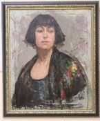 M. Loufte, oil on canvas, Sketch portrait of a woman wearing a black shawl, 55 x 45cm