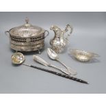 A George III silver and balleen toddy ladle, an 800 standard basket dish, a William IV silver butter
