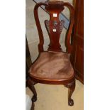 A George I style mahogany hall chair, with acanthus carved vase splat back, H.104cm