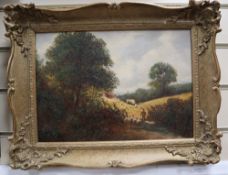 English School (19th century), oil on canvas, Harvest landscape with shepherd and sheep in the
