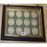 A set of framed cameos of the first 12 Roman Caesar, cast by Louis Mayland 1806/1896, 27 x 22cm