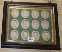 A set of framed cameos of the first 12 Roman Caesar, cast by Louis Mayland 1806/1896, 27 x 22cm