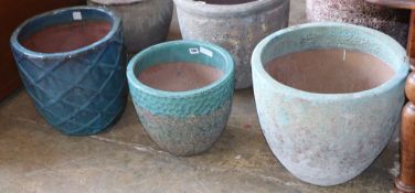 Three assorted blue glazed garden planters, largest W.45cm, H.40cm