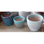 Three assorted blue glazed garden planters, largest W.45cm, H.40cm