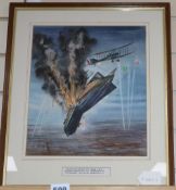 Phil May, watercolour, 'Lieutenant W. Leefe-Robinson RFC flying a BE2c, destroyed