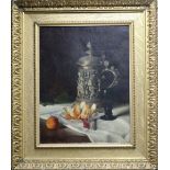 Robl, oil on canvas, Still life of a silver stein, a wine glass, orange and currants, signed and