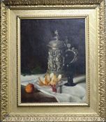 Robl, oil on canvas, Still life of a silver stein, a wine glass, orange and currants, signed and