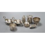 A pair of George V silver salts, a Chinese white metal mustard pot pierced with dragon and clouds,