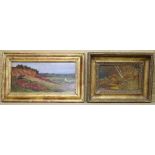 English School c.1900, oil on panel, Sketch of heathland, 12 x 26cm and a smaller sketch of a