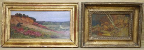 English School c.1900, oil on panel, Sketch of heathland, 12 x 26cm and a smaller sketch of a