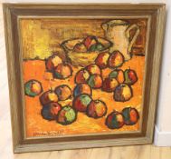 T.L. Uldritis (Russian), oil on canvas, 'Apples', signed and labelled verso, dated '66, 64 x 64cm